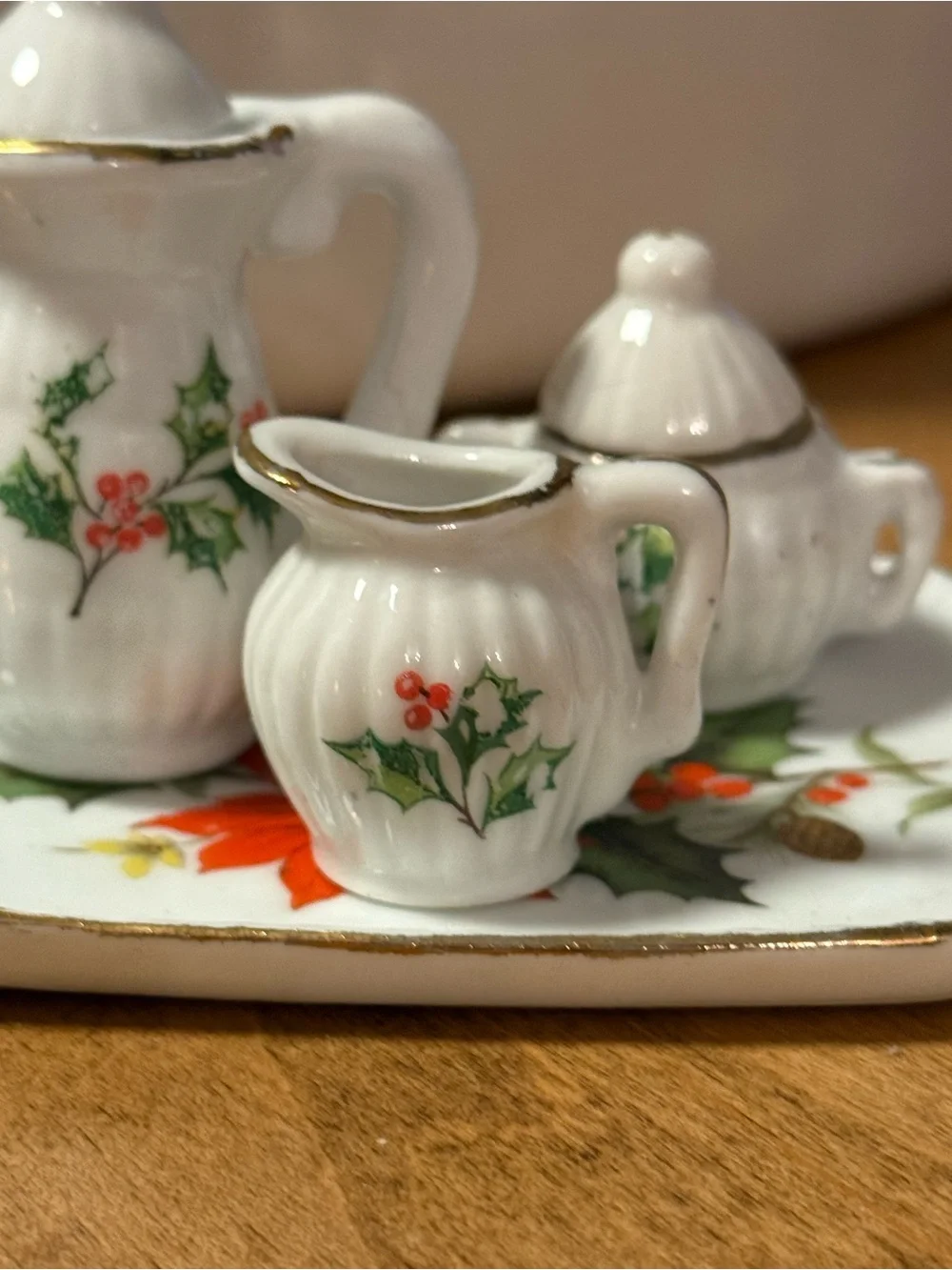 Vintage Christmas Miniature Ceramic Tea Set - White with Holly Motif